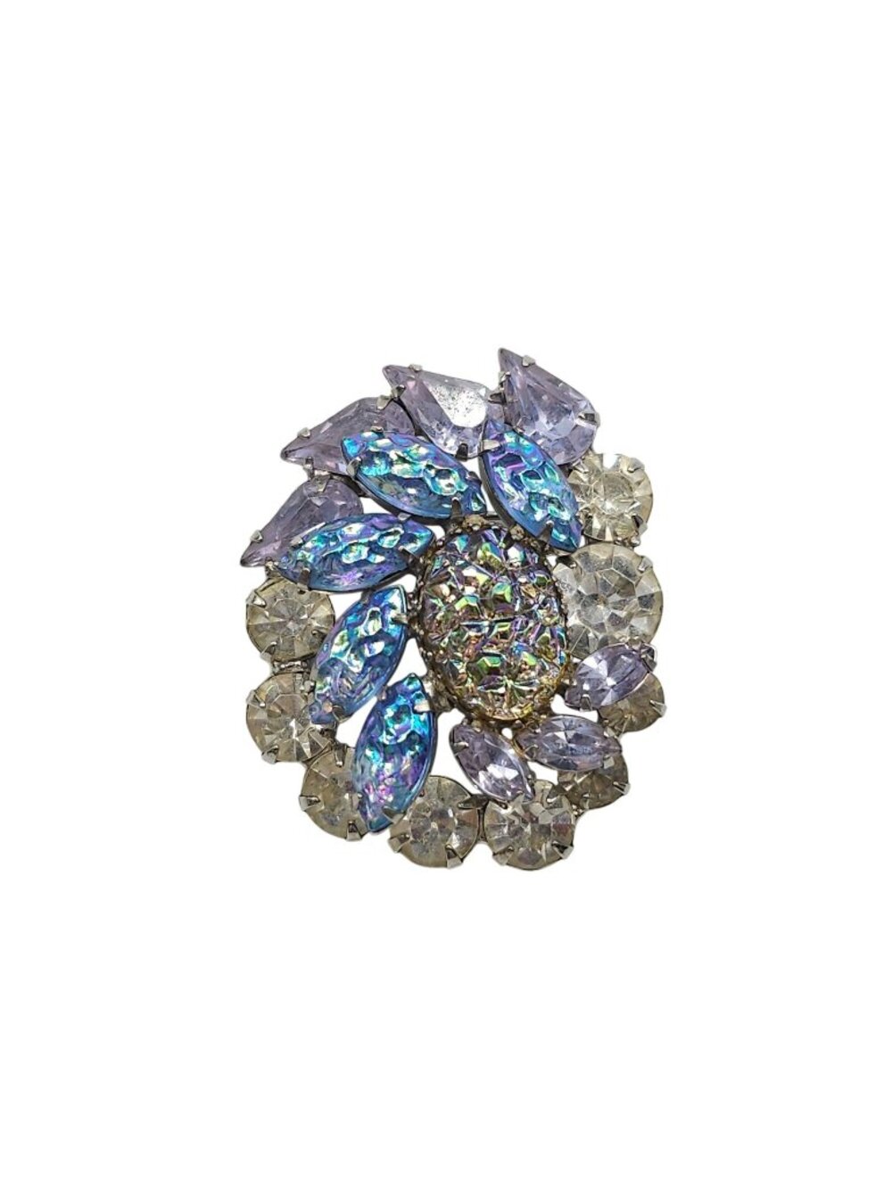 Vintage Aurora Borealis Lava Stone Rhinestone Brooch Design Silver Tone Metal